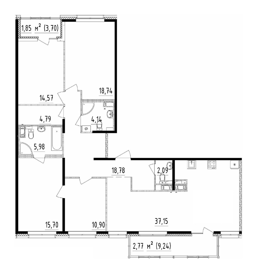 3-комнатная квартира 132.84 м², 12/13 эт., ЖК «Чёрная речка»